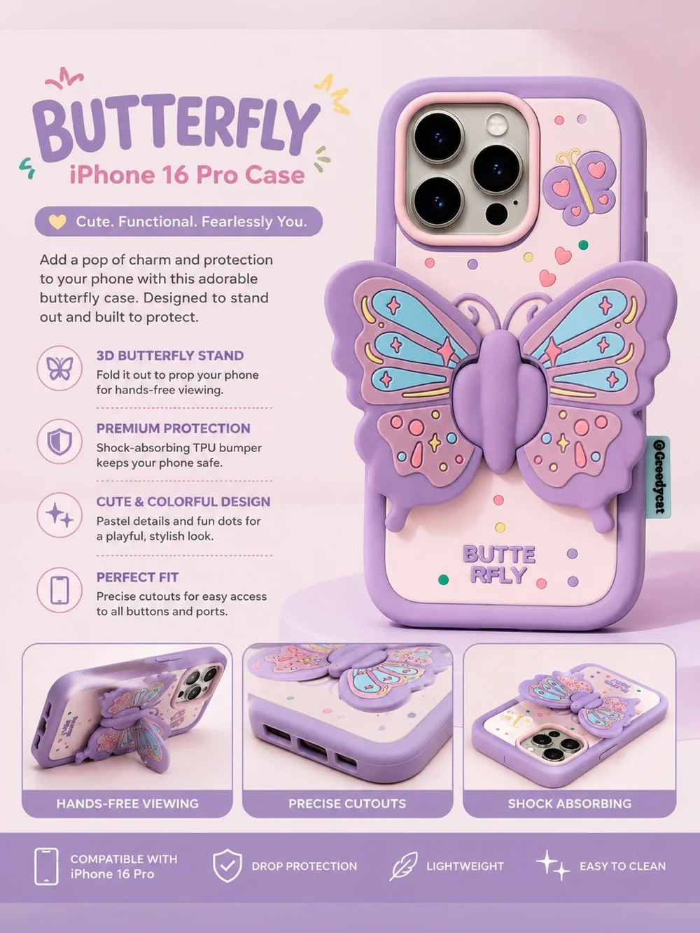 Butterfly 3D Stand iPhone 16 Pro Case - Purple & Pastel Pink